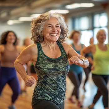 Група активних пенсіонерів займається танцювальним фітнесом