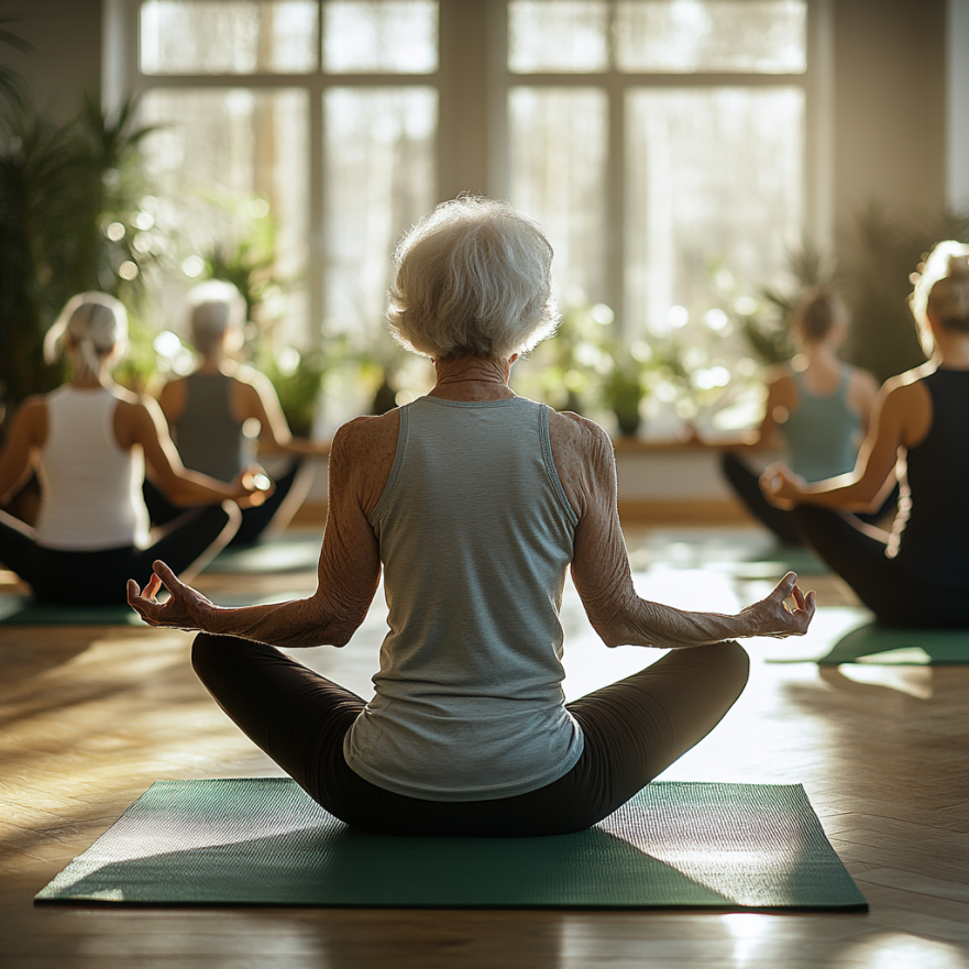 Група пенсіонерів практикує м'яку йогу