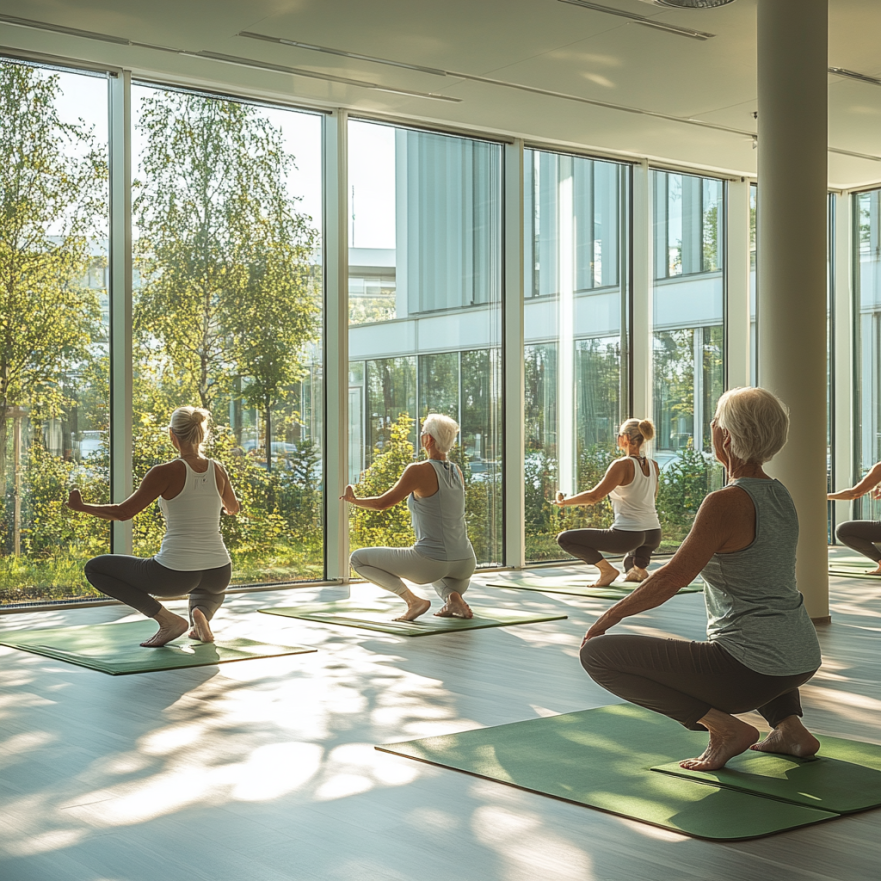 Активні пенсіонери займаються фітнесом у світлій залі