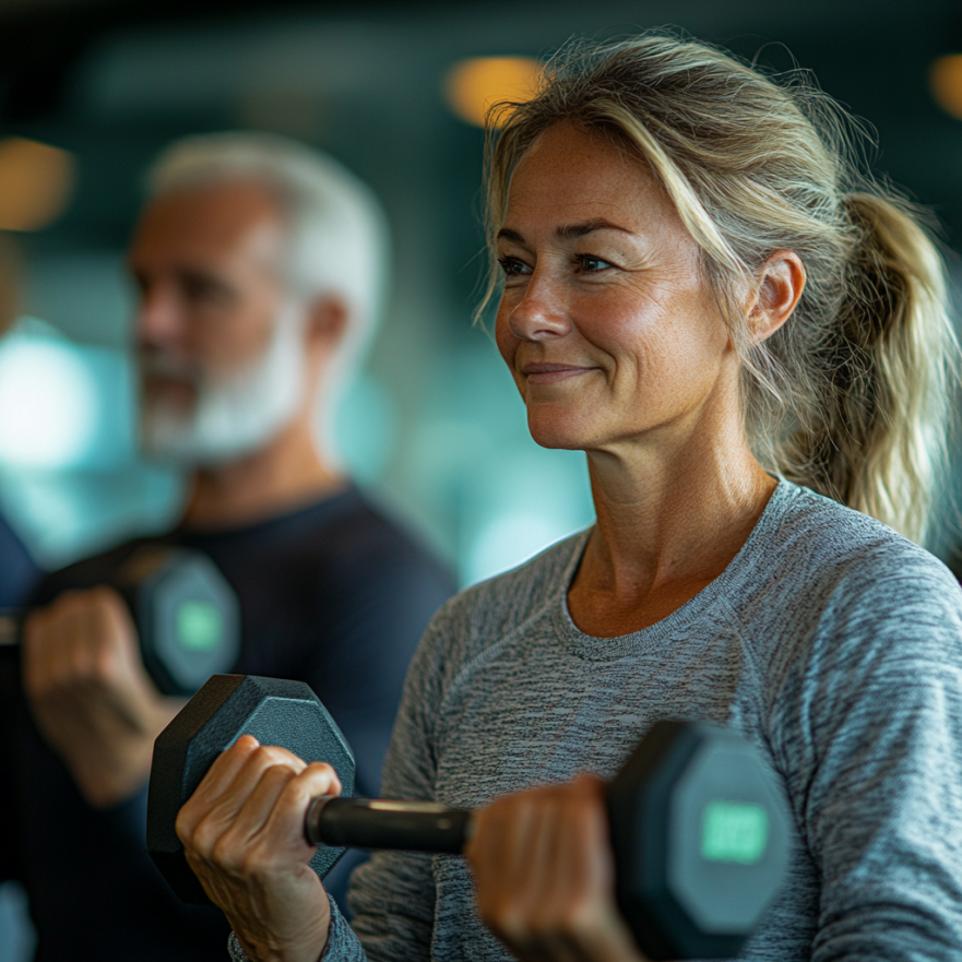 Пенсіонери займаються силовими тренуваннями з легкими вагами