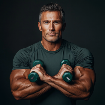 Тренер Володимир Коваленко демонструє вправу з гантелями