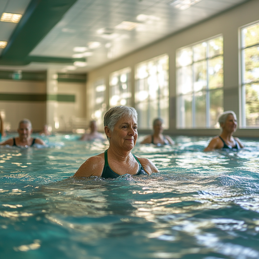 Група пенсіонерів займається аквааеробікою в басейні